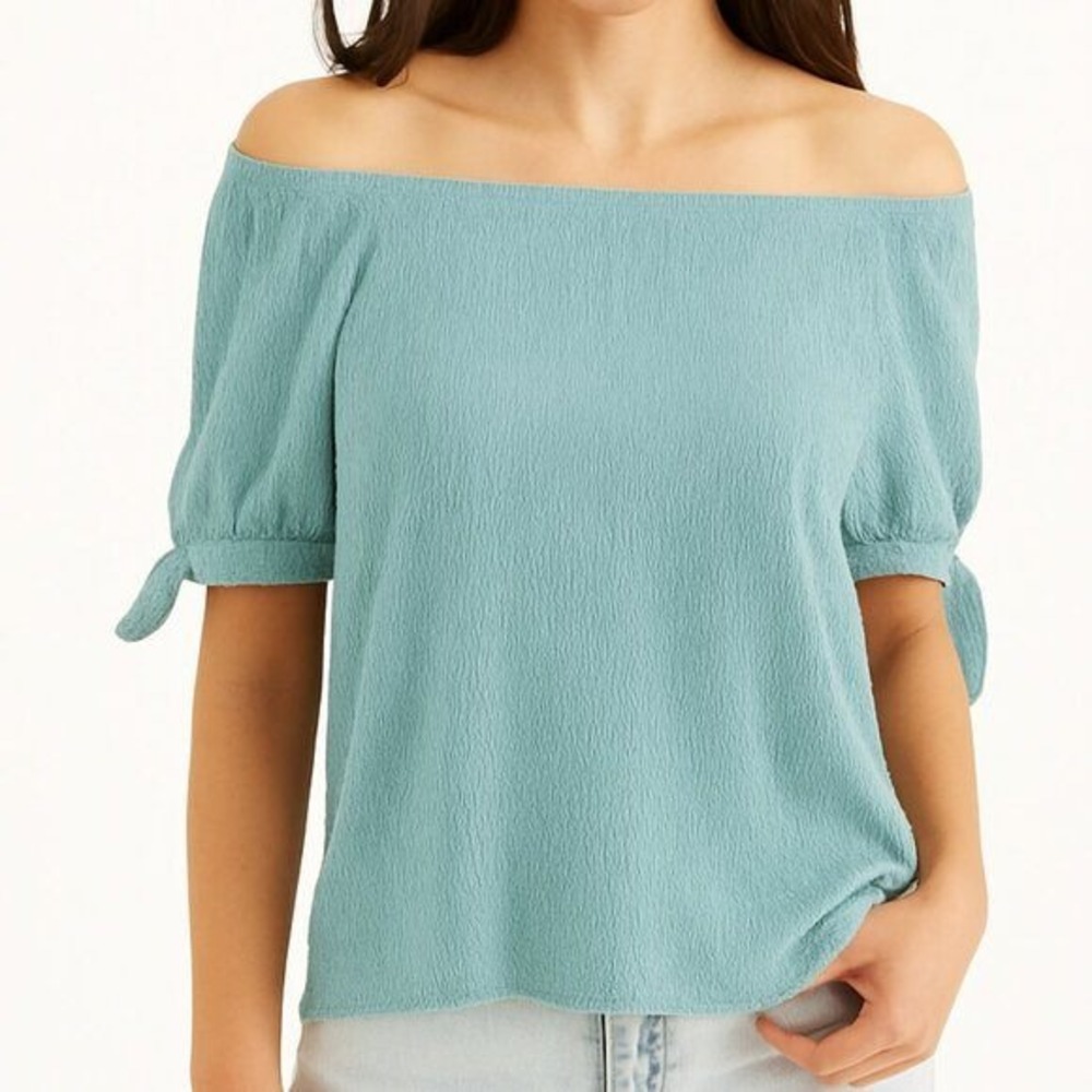 NWT Style & Co women's Bardot Off the shoulder tie sleeve textured top Small